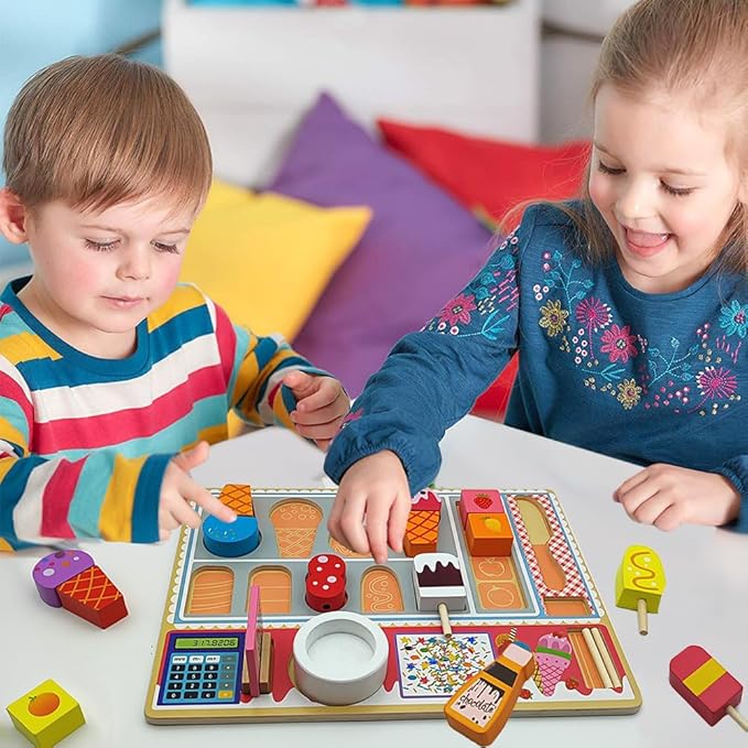 Wooden Play Food Sets for Kids Ice Cream Toys Pretend Food Accessories Early Education Toys for 3+ Years Old Girls and Boys Gifts (Ice Cream Shop)