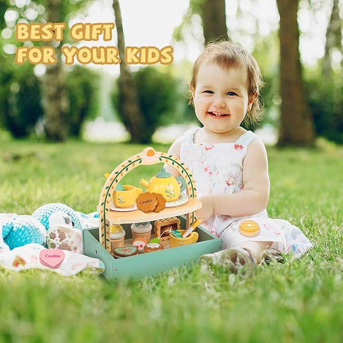 Tea Party Set,Tea Sets for Toddlers 3-5,Kids Tea Set with Dessert Cookies & Cake Stand, Non-Toxic Wooden Tea Party Set,Pretend Play Toys Toddler Tea Set for Girls Birthday Gifts