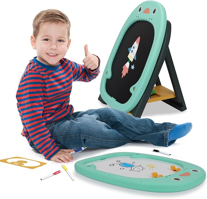 Table Easel for Kids, Double Sided Adjustable Tabletop Drawing Magnetic Easels with Graffiti and Board Game Accessories for Toddlers Boys and Girls (Blue)