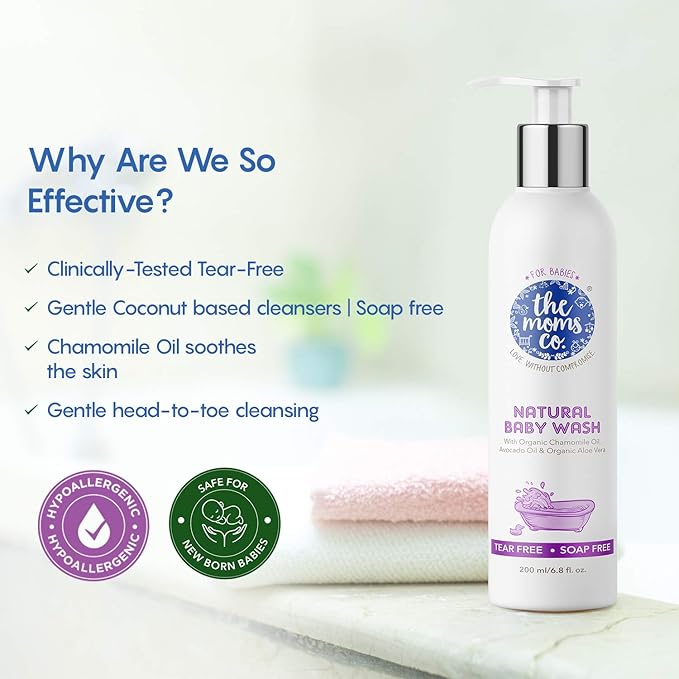 The Moms Co. Tear-Free Natural Baby Wash with Calendula, Avodado Oils and USDA-Certified Organic Oils Like Argan 200ml