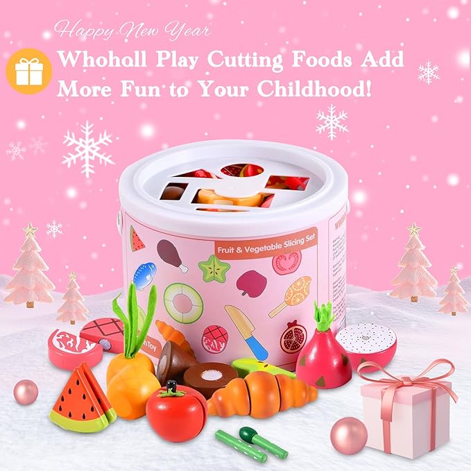 WHOHOLL Wooden Play Food Toys for Kids Kitchen Playset, Play Kitchen Accessories with Apron Pretend Cutting Food Montessori Toys for 1+ Year Old Girls and Boys