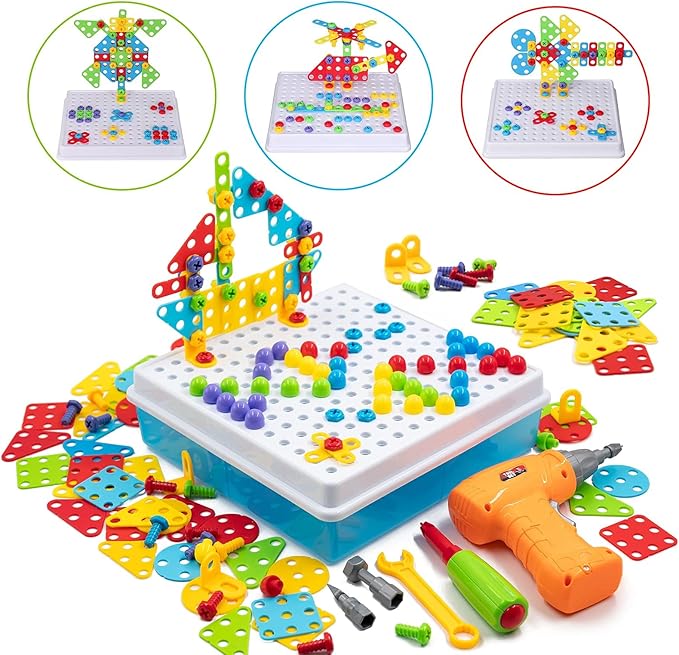SUPSTEM Creative Toys for Kids 4-8, Mosaic Drill Set with Screwdriver Tool Playset, Electric Drill Toy with Rainbow Fasteners, Premium STEM Building Set for Ages 3+