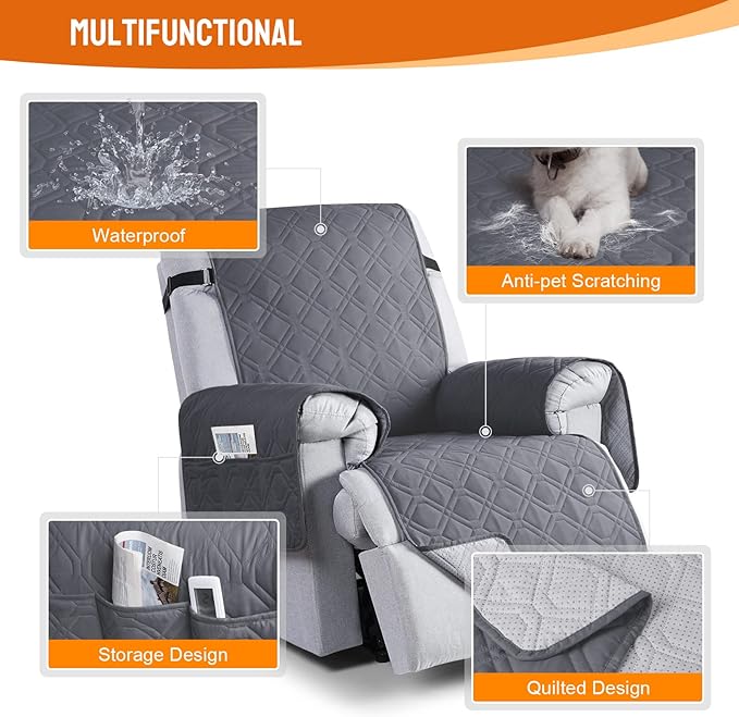 VANSOFY 100% Waterproof Recliner Chair Covers, Recliner Cover Non-Slip Dog Chair Cover Furniture Protector Washable Slipcover with Pocket, Elastic Straps for Pets, Dogs(Dark Gray, 28")