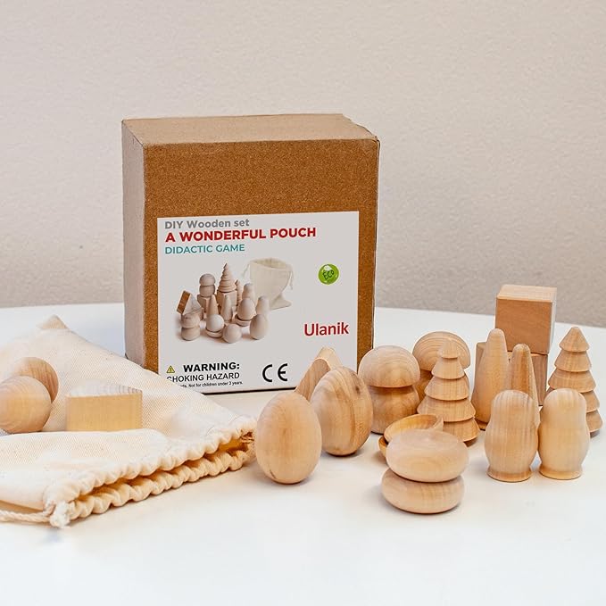 Ulanik Wonderful Bag Toddler Montessori Toys for 3 Year Old + Unfinished Wooden Figurines for Shape Sorting & DIY Painting Pyrography Decoupage Crafts β 20 pcs