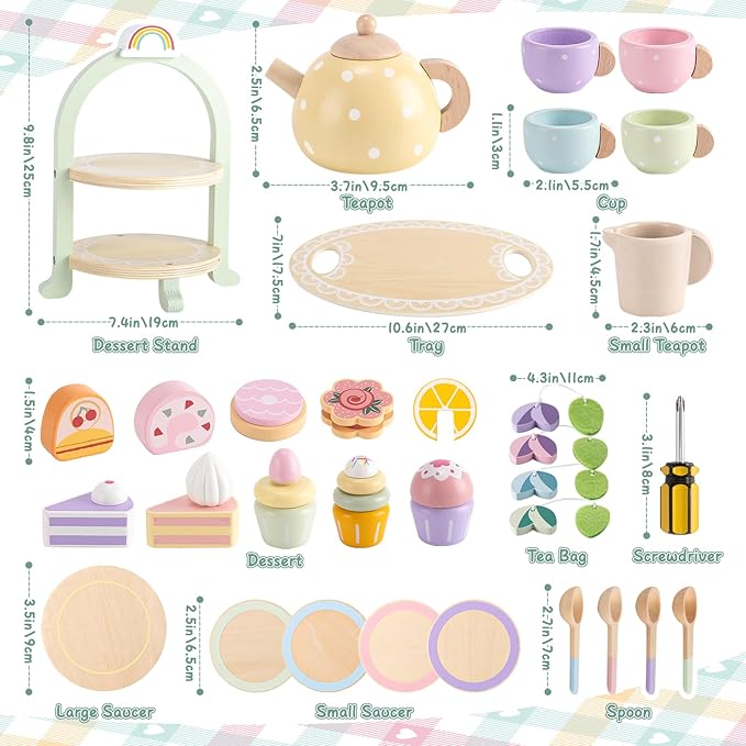 Wooden Tea Party Set for Little Girls Toddler Tea Set with Cupcake Stand & Food Dessert, Play Kitchen Accessories for Toddlers 2 3 4 5 6 Years Old, Wooden Toys Birthday Kids Girls Gifts 3-6