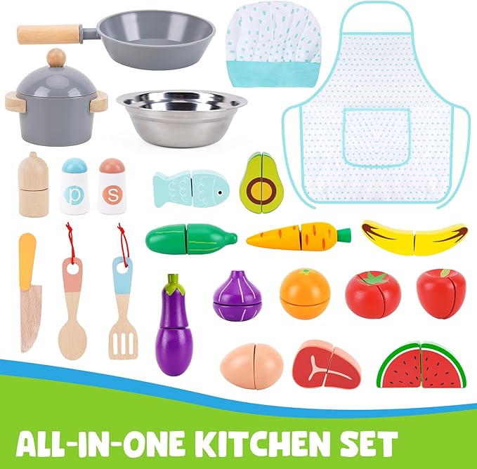 Wooden Play Kitchen for Kids, Kids Children Pretend Toy Kitchen Playset, Toys Kitchen with Realistic 24 Pieces Toy Accessory, Cutting Play Food Toys Gifts for Ages 3-8 Girls Boys