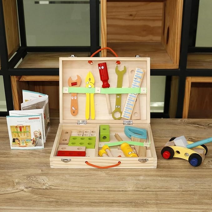 TONZE Kids Tool Set Wooden Toddler Tools Montessori Toys for 3 4 Year Olds, 34 PCS Educational STEM Construction Toys Pretend Play Toddler Tool Set Birthday Gift for Age 3-4 Boys & Girls