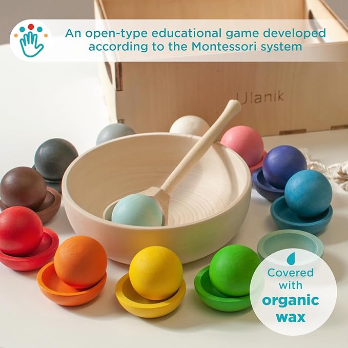 Ulanik Balls on Plates Toddler Montessori Toys for 1+ Year Old Kids Wooden Matching Game for Learning Color Sorting and Counting β 12 Balls, 1.18 in