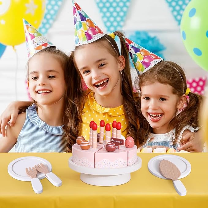 Wooden Birthday Cake Toys, DIY Pretend Play Food for Kids, Tea Party Fake Cake with Candles Plates Fork and Knife for Toddlers Ages 3 4 5 6 7 Years Old Boys Girls Gifts
