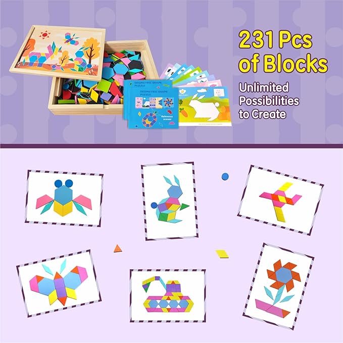 Wooden Pattern Blocks Set, 231 PCS Magnet Pattern Blocks, a Pattern Book and 9 Double-Sided Puzzle Cards, Tangrams for Kids Ages 3+, Early Math Geometric Shapes Concepts Learning Resource