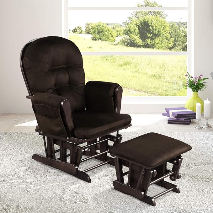 Costzon Nursery Glider with Ottoman, Upholstered Comfort Glider Rocker with Padded Cushion, Storage Pocket, Solid Wood Base, Rocking Chair Nursery for Breastfeeding, Maternity, Napping (Brown)