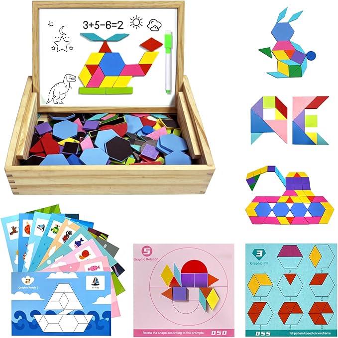 Wooden Pattern Blocks Set, 231 PCS Magnet Pattern Blocks, a Pattern Book and 9 Double-Sided Puzzle Cards, Tangrams for Kids Ages 3+, Early Math Geometric Shapes Concepts Learning Resource