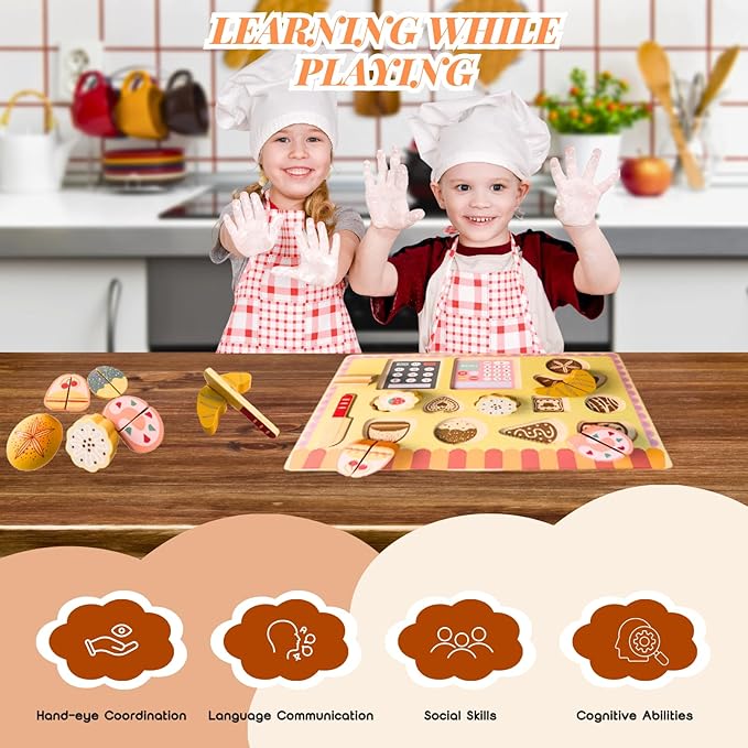 Wooden Play Food Set for Kids Kitchen,Kid Kitchen Accessories, Dessert Shop with Cutting Food Toys, Pretend Play Toy for Toddlers Boys and Girls,Aged 3 4 5 6