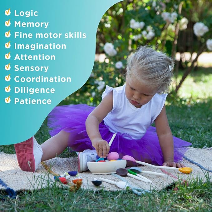 Ulanik Eggs and Spoons Toddler Montessori Toys for 1 Year Old + Kids Wooden Eggs Baby Matching Game for Learning Color Sorting and Counting β 12 pcs, 1.8 in
