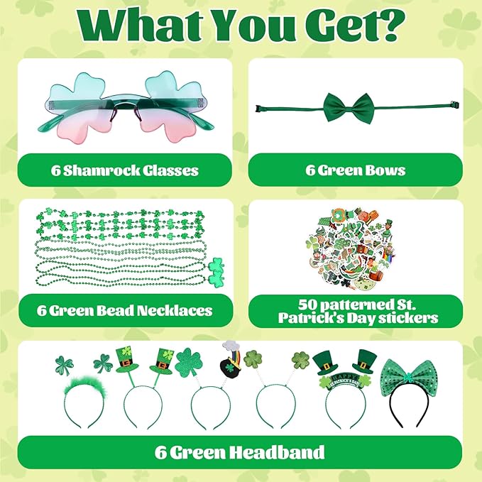 St Patricks Day Party Favors, St Patricks Day Accessories with Shamrock Necklace Eyeglasses Stickers Bows Headbands, St Patricks Day Gifts for Kids Adults (Pack of 74)