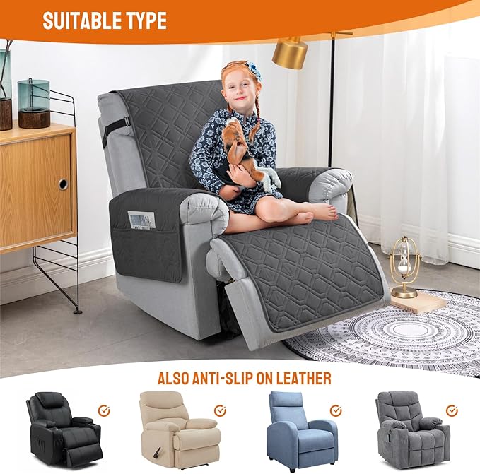 VANSOFY 100% Waterproof Recliner Chair Covers, Recliner Cover Non-Slip Dog Chair Cover Furniture Protector Washable Slipcover with Pocket, Elastic Straps for Pets, Dogs(Charcoal Gray, 30")