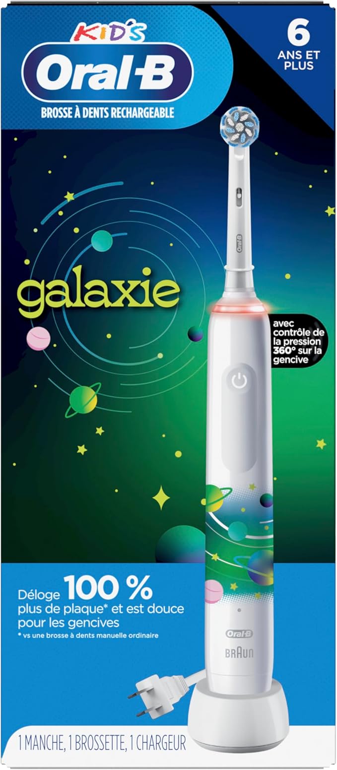 Oral-B Kids Electric Toothbrush with Coaching Pressure Sensor and Timer, Rechargeable Toothbrush with Brush Heads, Galaxy