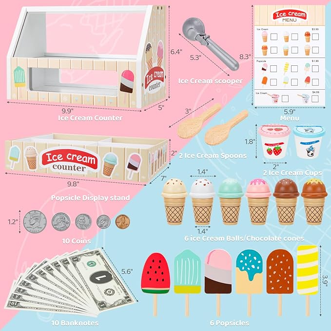 Wooden Ice Cream Toys for Kids Ice Cream Counter Shop for Toddlers Pretend Play Food Scoop and Serve with Scoop & Menu & Fake Money for Boys and Girls Ages 3 4 5 6.