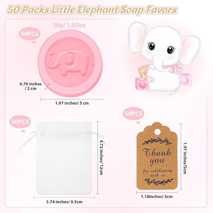Roowest 50 Packs Mini Elephant Soap Baby Shower Favors 50 Bags 50 Thanks