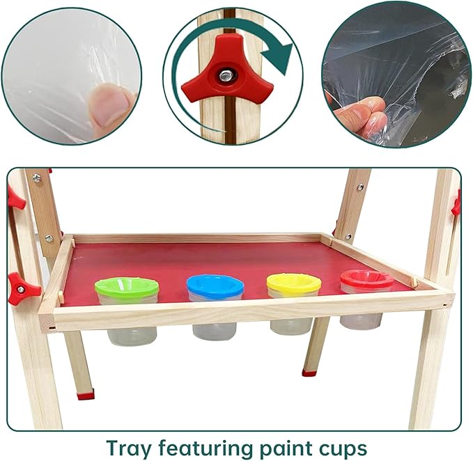 Wooden Art Easel for Kids and Toddlers, Double-Sided with Magnetic Drawing Board, Adjustable Height, Includes Magnetic Letter & Number Set and Paper Roll.