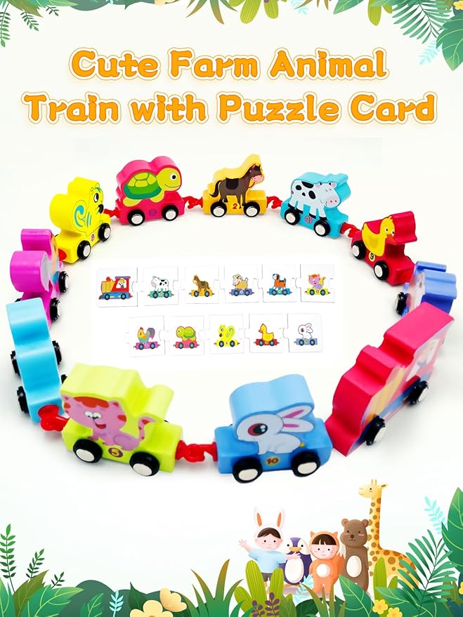 Toys for Toddlers, 11 Wooden Animals Train Set 2 Year 2-4 Boys 2, Preschool