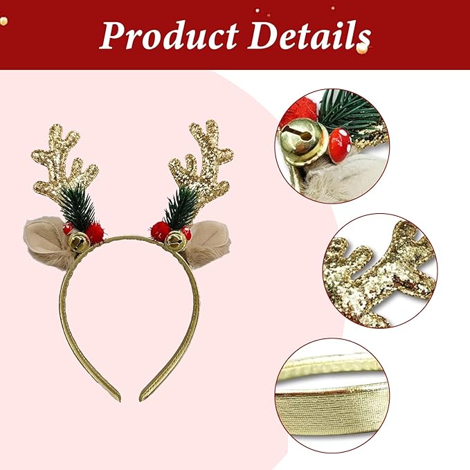 Reindeer Antlers Headband - 2Pcs Gold Red Sequins Reindeer Ears