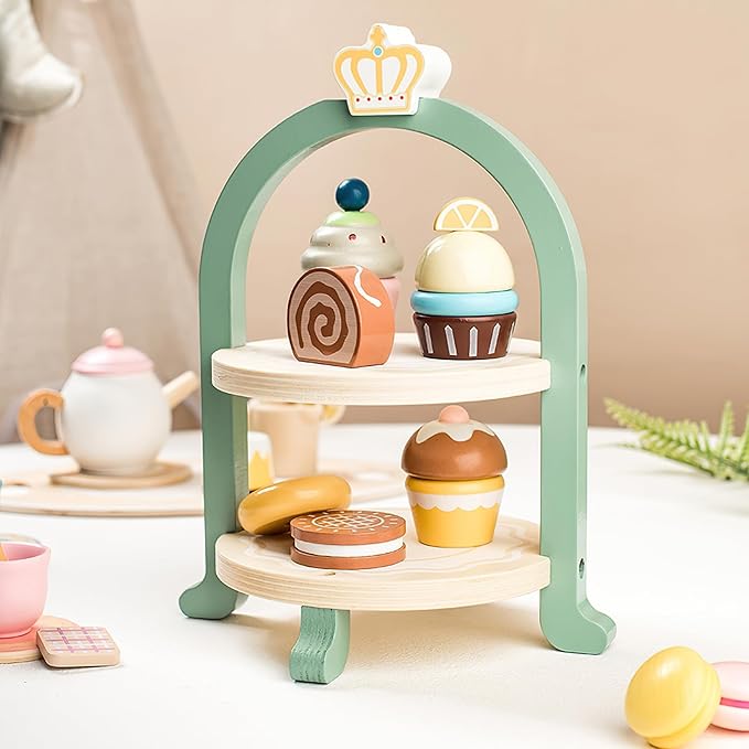 Wooden Dessert Cake Tea Party Set for Little Girls Toys, Pretend Play Kids Tea Set for Toddlers Wood Toys, Wooden Play Food Kitchen Accessories Sets for Kids