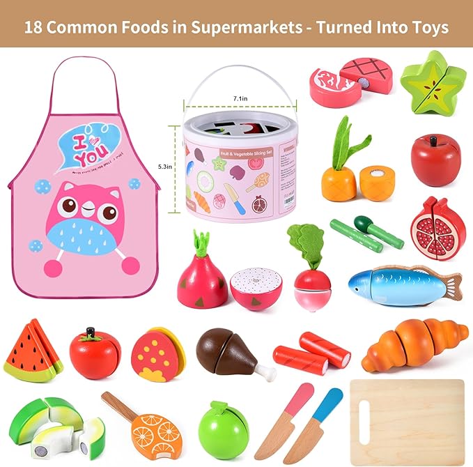 WHOHOLL Wooden Play Food Toys for Kids Kitchen Playset, Play Kitchen Accessories with Apron Pretend Cutting Food Montessori Toys for 1+ Year Old Girls and Boys