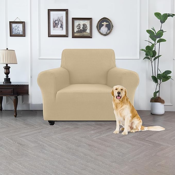 100% Waterproof Jacquard Fabric Couch Cover, Dual Layer with TPU Film, Leakproof High Elasticity Non-Slip Washable Furniture Protector for Pets, Dogs, Cats and Kids (Chair,Natural Color)