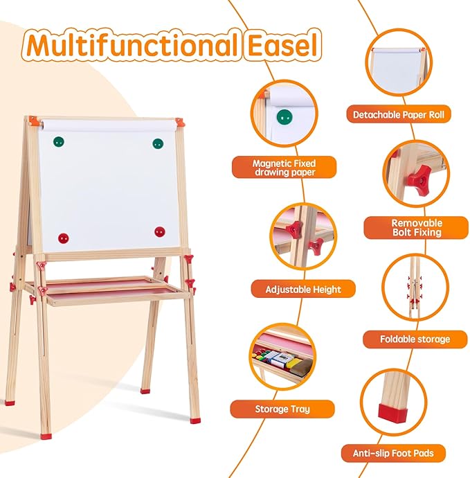 Wooden Adjustable Easel for Kids,Quick-Fold Kids Easel with Paper Roll&Accessories, Double Sided Painting Easel for Toddlers 3,4,5,6,7,8,9,10 Years,Perfect Painting Gifts&Supplies for Boys&Girls