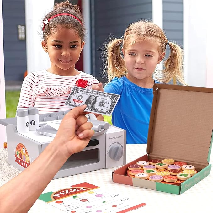 Wooden Pizza Toy 50pcs Toddler Pizza Counter Playset Kids Pretend Play Kitchen Accessories with Play Food, Bake Oven, Chef Role Play Set Xmas Birthday Gift for 3 4 5 6 Year Old Boys Girls