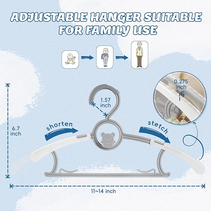 Baby Hangers 60 Pack Kids Hangers-Extendable Adjustable Non-Slip Plastic Kid Hangers for Closet,Stackable Baby Clothes Hangers for Toddler Kids Children Infant Teen,Grey Bear Toddler Hangers