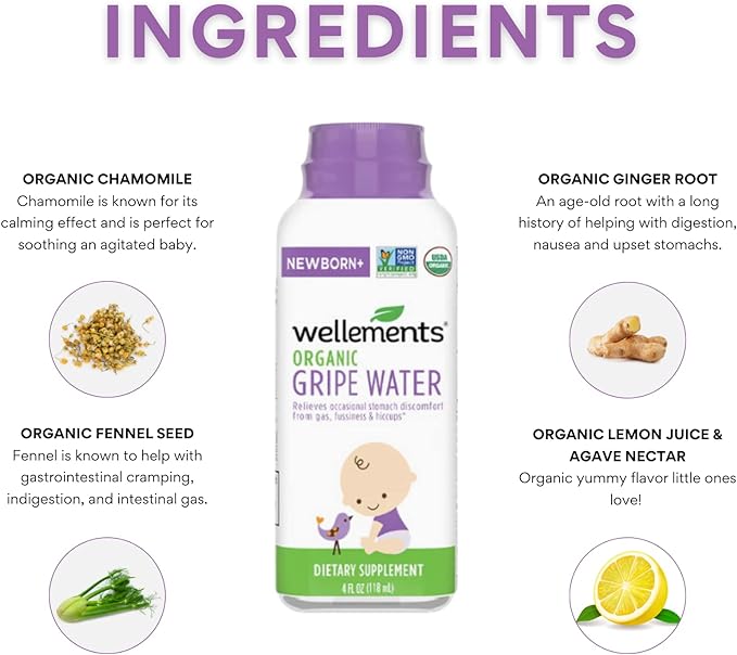 Wellements Organic Gripe Water | Relieves Occasional Stomach Discomfort from Baby Gas, Colic 4 Fl