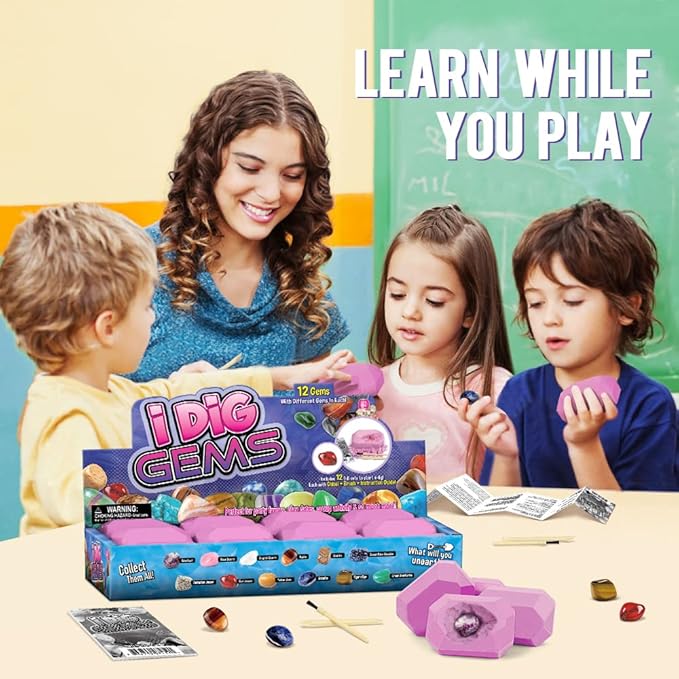 Byncceh Gemstone Dig Kit - Dig up 12 Real Gems, Mineral & Rock Collection Gemstones and Crystals Excavation Kit for Kids STEM Toys Science Educational Birthday Gifts for Boys & Girls