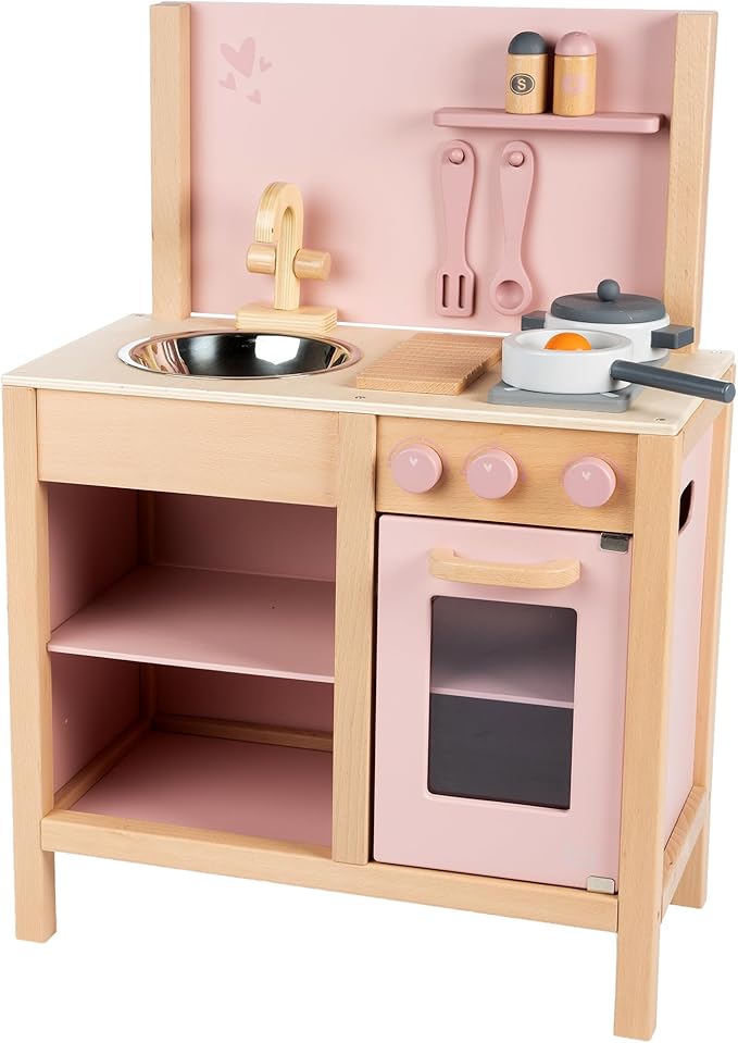 Wooden Kitchen Play Set - Pink - Standing Appliance Toy, Cooking & Food Accessories, Storage-Oven-Sink, Pretend Play Station, Kids Age 3+