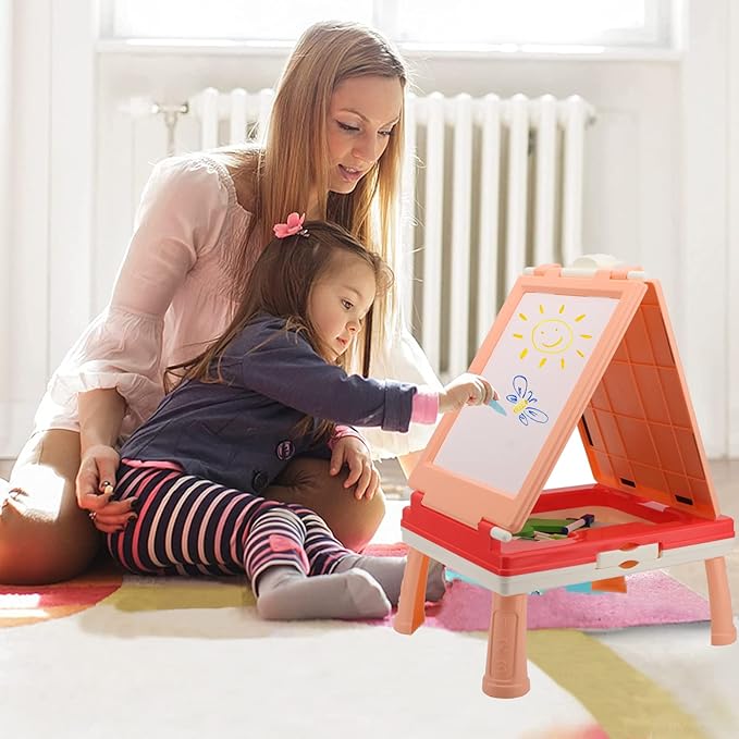 Table Art Easel for Kids, Double Sided Foldable Tabletop Drawing Easels Chalkboard Desk with Graffiti and Board Game Accessories Supplies for Boys and Girls (Pink)