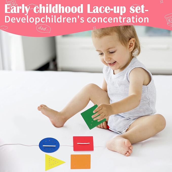 Montessori Toys for1 Year Old,25-36 Months, 5 in 1 Learning Educational Set Wooden Toys (Includes Guess who I am,Lacing, Baking Set, Land and Sky Two-Part Puzzle Board,Ring Slide)