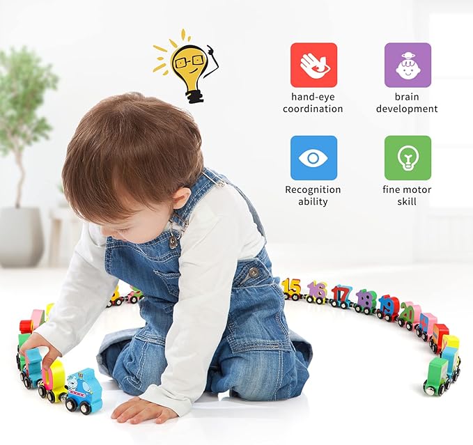 Wondertoys 27 PCS Wooden Train Set Toy Wooden Magnetic Number 1 Engine
