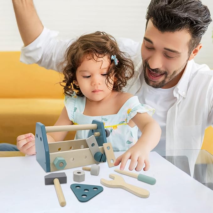 Montessori Wooden Tools Toddler Educational Construction Kids Toys Sets Play Box Preschool Play Tool(Blue)