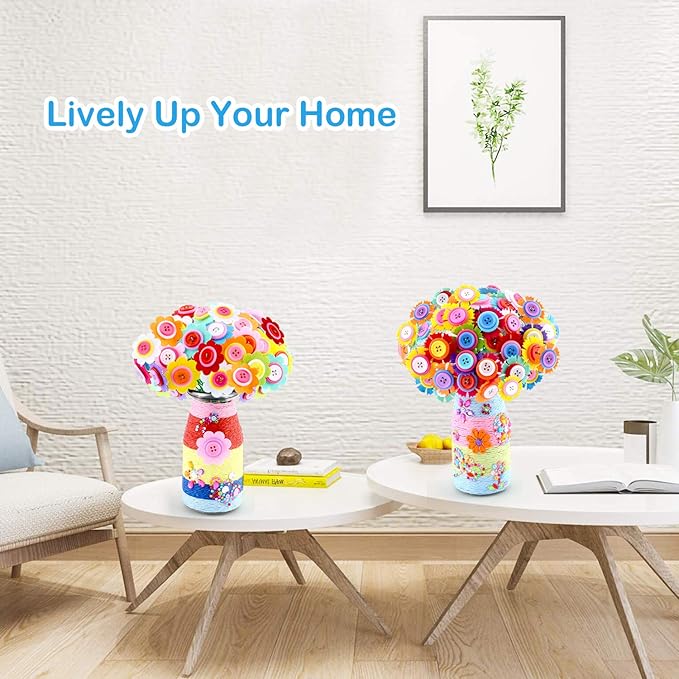 Crafts for Girls Ages 4-12 Gift Make Your Own Flower Bouquet with Buttons Felt Flowers, Valentines Day Gifts Vase Art and Craft for Kids- DIY Activity for Boys & Girls Age 6 7 8 9 10 11 12 Year Old