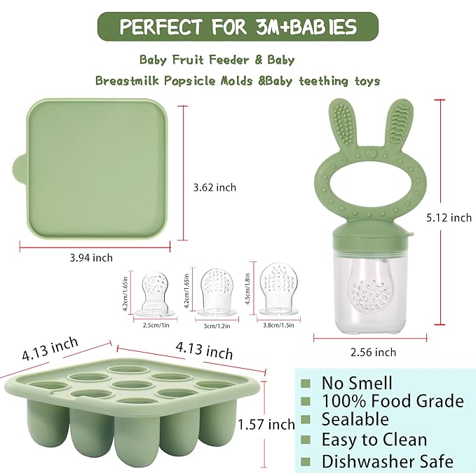 WAJIAYON Baby Breastmilk Popsicle Molds & Baby Fruit Feeder (4 Pack), Baby Food Freezer Tray Storage Containers