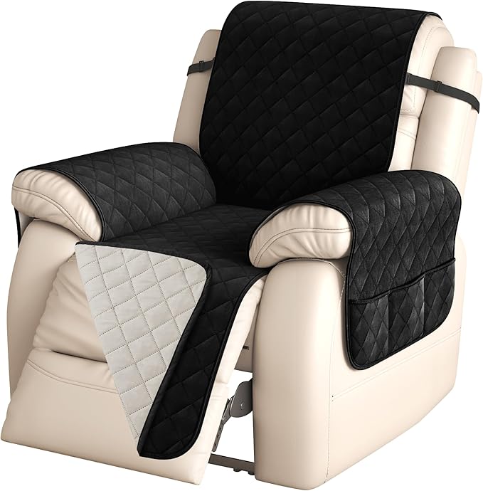 CHUN YI Recliner Chair Cover, Non-Slip Recliner Covers That Stay in Place, Washable Lazy Boy Recliner Covers with Pockets, Water Resistant Recliner Slipcover for Pets (Black, Small Recliner)
