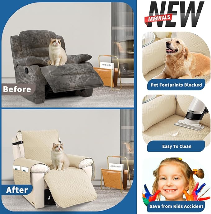XINEAGE 100% Waterproof Recliner Cover, Non Slip Recliner Chair Cover with Elastic Band, Washable Recliner Slipcover with Storage Pockets for Kids, Pets (Beige, 30")