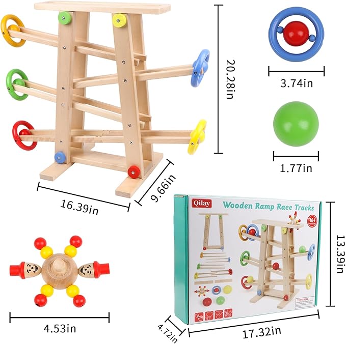 Qilay Wooden Wooden Race Track Toddler Toys for 1-3 Year Old Boy and Girl, Wooden Car Ramp Racer Toy Vehicle Set with 4 Balls & 5 Race Tracks