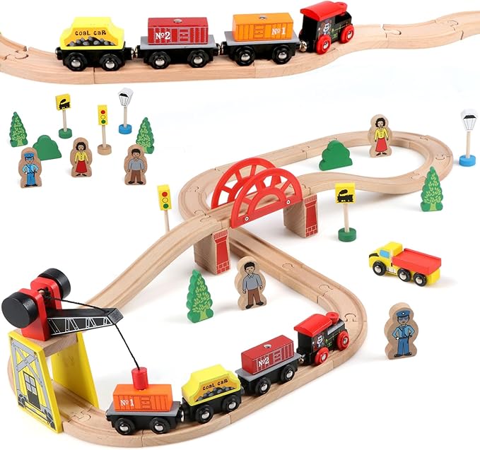 Qilay Wooden Train Set for Toddler - 39 Pcs Wooden Train Tracks with Crane, Bridge & 5 Wooden Trains 3,4,5 Year