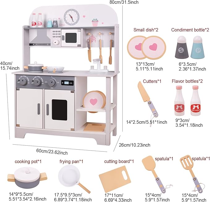 Wooden Kitchen Sets for Kids, Play Toddler Kitchen Playset, Chef Pretend Kitchen with Plenty of Play Features, Toy Kitchen with Toy Food & Cookware Accessories, Early Education Toy Gift for Boys Girls