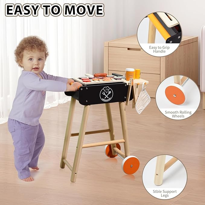 Wooden Play Barbecue Toy Grill, Kids BBQ Grill Playset with Play Food and Grilling Tools, Kids Cooking Sets, Outdoor Play Kitchen Set Kids, Pretend Play Kitchen Accessories Toddlers Age 3+