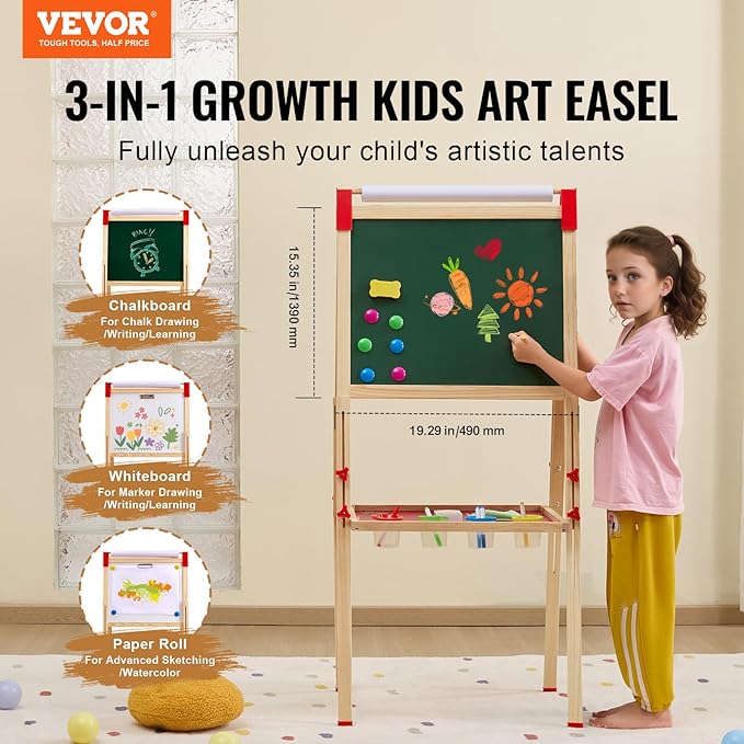 VEVOR Art Easel for Kids, 3-in-1 Wooden Double-Sided Kid's Art Easel with Magnetic Whiteboard, Chalkboard & Paper Roll, Adjustable Standing Drawing Board with Painting Accessories for Boys and Girls