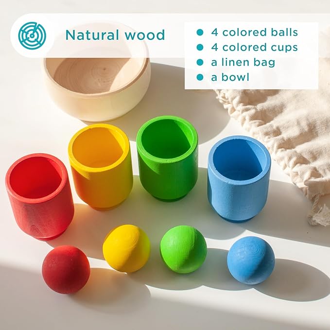 Ulanik Balls in Cups Starter Kit Toddler Montessori Toys for 1+ Year Old Kids Wooden Matching Game for Learning Color Sorting and Counting β 4 Balls, 1.18 in