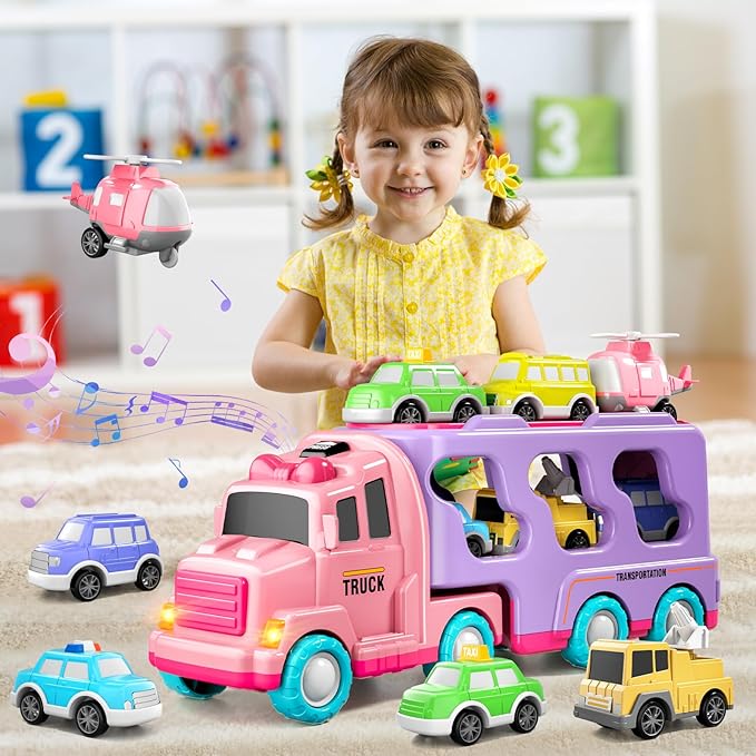 Bennol Car Truck Toys for 1 2 3 4 5 Year Old Girls Toddlers, 7-in-1 Carrier Truck Toddler Girl Bus Toys 1 2 3 4 5 Year